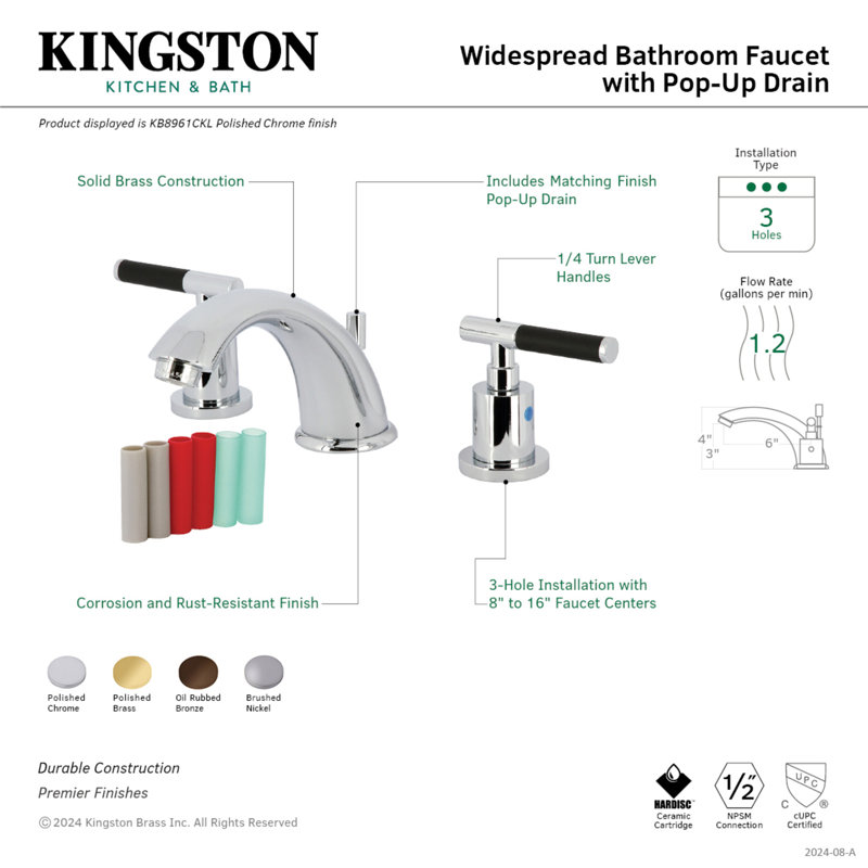 Kingston Brass Kaiser Two-Handle 3-Hole Deck Mount Widespread Bathroom Faucet with Retail Pop-Up Drain, Polished Chrome