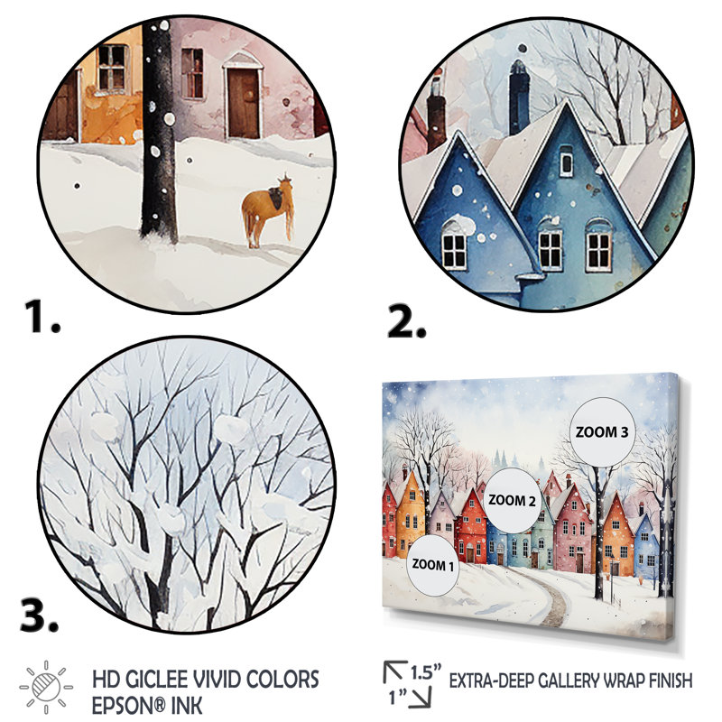 Multicolor Frosty City In Winter II - Winter Landscape Wall Art, White Closed Corner Framed, 34" H x 44" W x 1.5" D