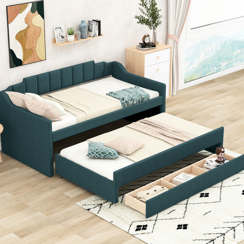 Lit de jour simple avec lit gigogne et 3 tiroirs pour un espace de travail fonctionnel, Green