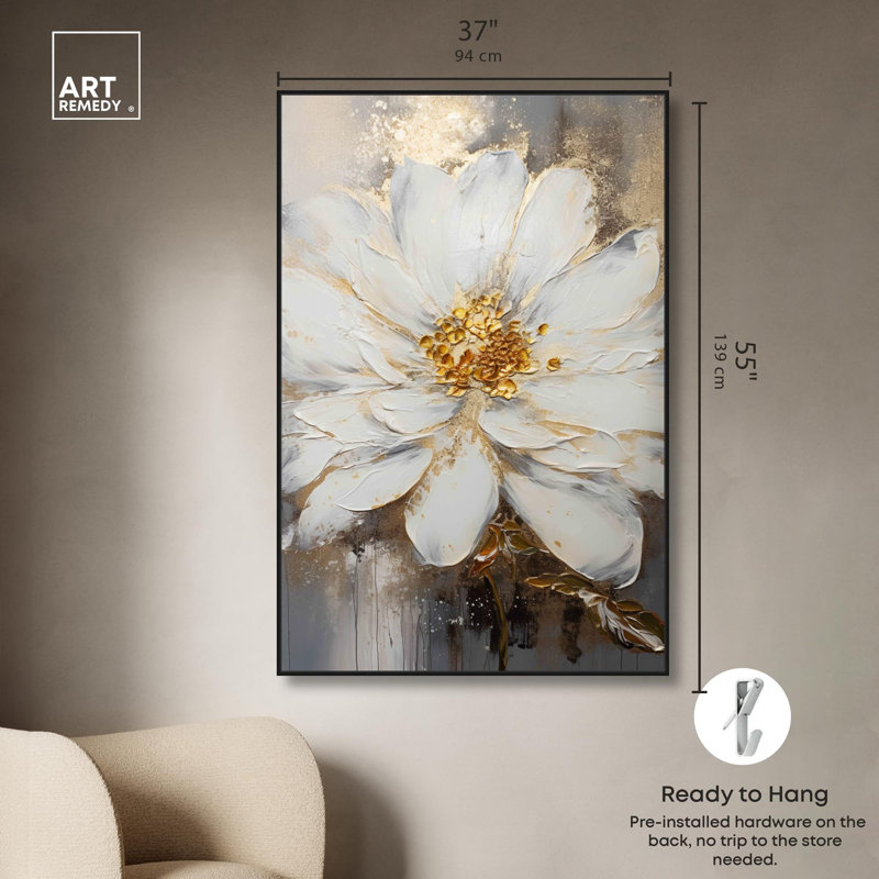 Art floral sur toile Vase doré, H 16 po x l 11 po, Cadre noir
