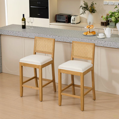 Tabouret de bar en bois massif à dossier en rotin, coussin en lin avec mousse à haute résilience et ressorts en S, idéal pour un îlot de cuisine de style, bar bas dans la salle à manger et le café, ensemble de 2