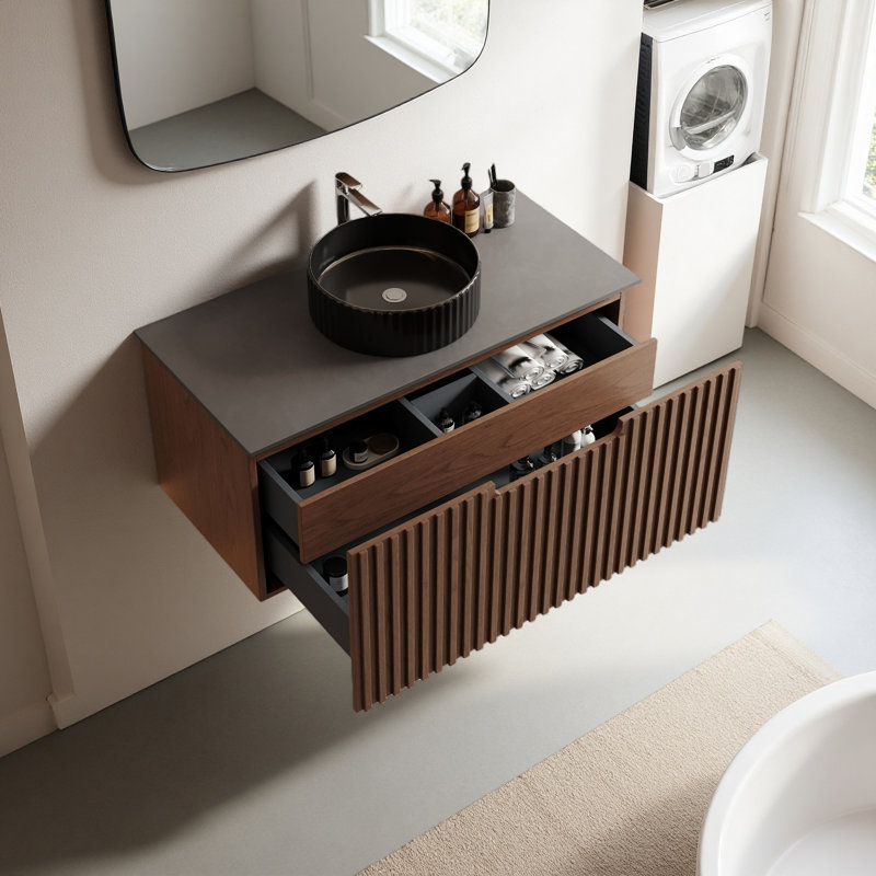 Armoire de salle de bain 48 po noire et brune avec deux tiroirs et porte grillagée, armoire en bois massif multicouche, cuve en céramique