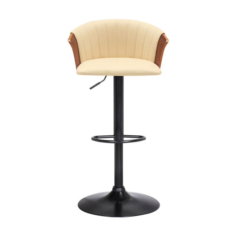 Lydia Adjustable Walnut Wood Bar Stool In Faux Leather With Black Metal, Yellow