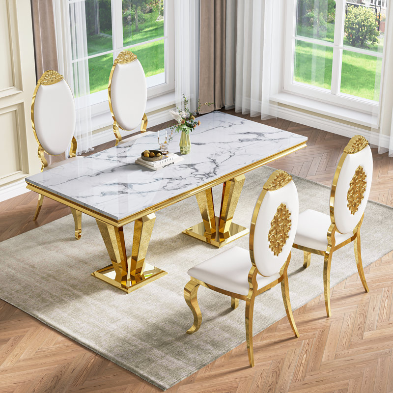 70"Faux Marble Dining Table,Rectangular Kitchen Table With Diamond-Shape Stainless Steel Legs For Kitchen, Living Room