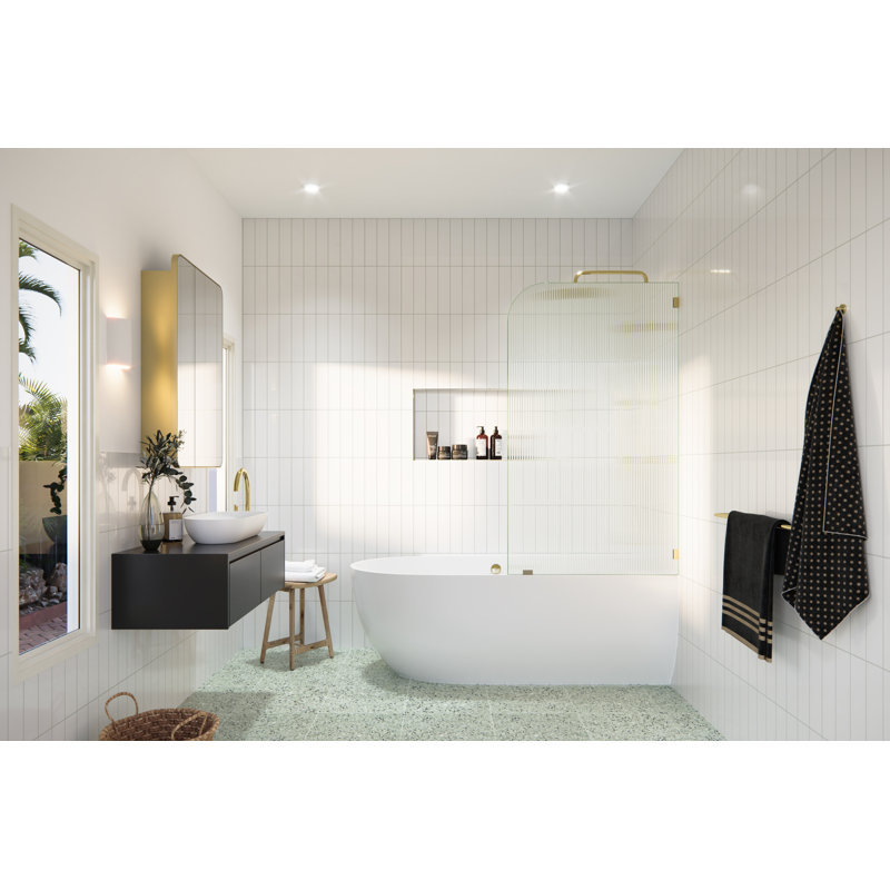 Aurora 34 in. x 58.25 in. Frameless Fluted Radius Single Fixed Bath Panel, Polished Brass, Right Hand, null