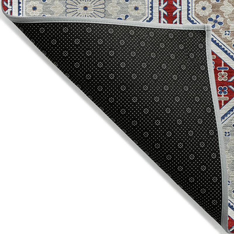 Red and Blue Synthetic Washable Rectangular Rug