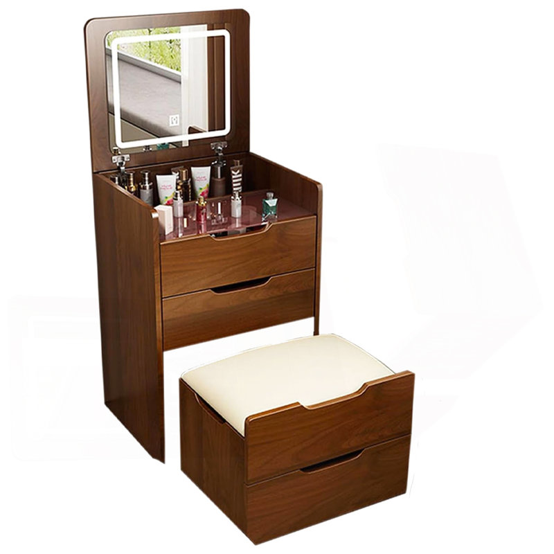 (60 cm) (noyer) Bureau de coiffeuse 3 en 1 avec miroir à plateau rabattable, petit ensemble de coiffeuse avec bureau en verre visible, meuble-lavabo compact avec 3 tiroirs, coiffeuse pour la chambre à coucher