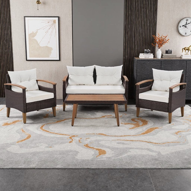 Ensemble de canapé d'extérieur en rotin 4 pièces PE | Ensemble de patio avec table en bois, 2 chaises simples et un canapé double | Mobilier en osier résistant aux intempéries avec coussins épais et housse de table protectrice