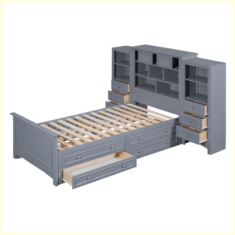 Lit plateforme moderne en bois avec armoire verticale tout-en-un et 4 tiroirs de chaque côté, Gris