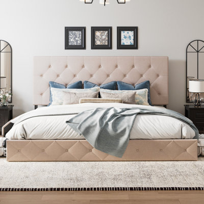Silvester Modern Upholstered Platform Storage Bed with Wooden Slats, no box spring needed