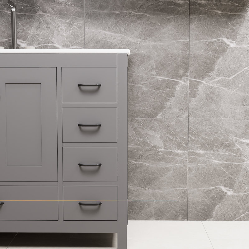 Meuble-lavabo gris de 36 po avec lavabo en céramique, rangement riche, comprenant 2 portes à fermeture douce et 5 tiroirs.