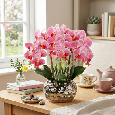 Orchids Artificial Flowers 18" Phalaenopsis Orchid With Silver Ceramic Pots Real Touch Faux Orchid Plant
