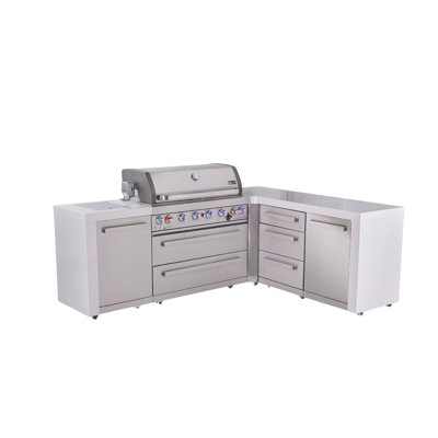 Îlot de cuisine d'extérieur en acier inoxydable en forme de L avec brûleur latéral + l 44 po avec barbecue à 6 brûleurs + comptoirs en granite et côtés en cascade + armoires et tiroirs de rangement + couvercle + gaz naturel Mont Alpi Deluxe Convertible + garantie à vie