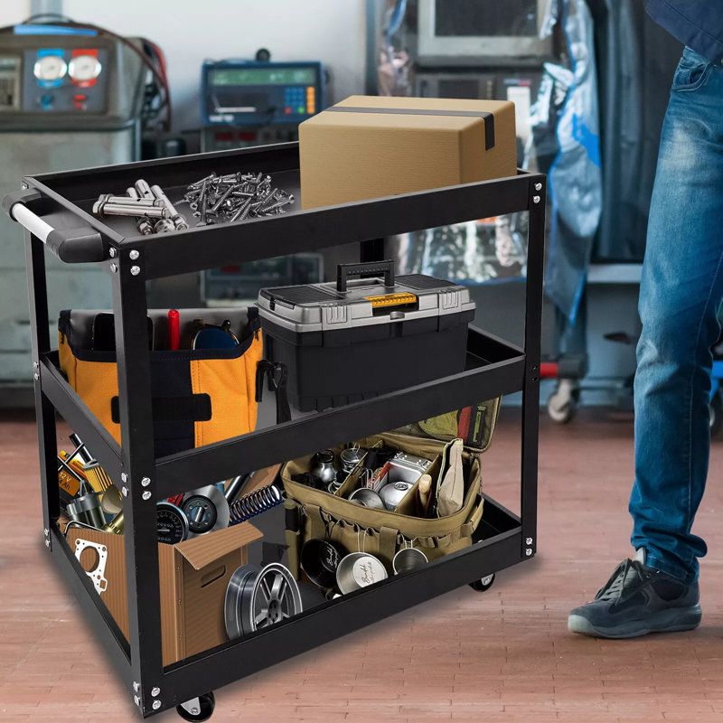 Chariot à outils à 3 niveaux avec roues verrouillables Capacité de 440 lb, Noir, noir, noir, noir