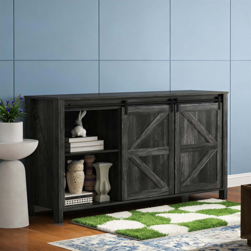 Buffet Farmhouse avec portes de grange coulissantes, rangement polyvalent pour la cuisine et le salon, conception anti-basculement, tablettes réglables et tiroirs profonds