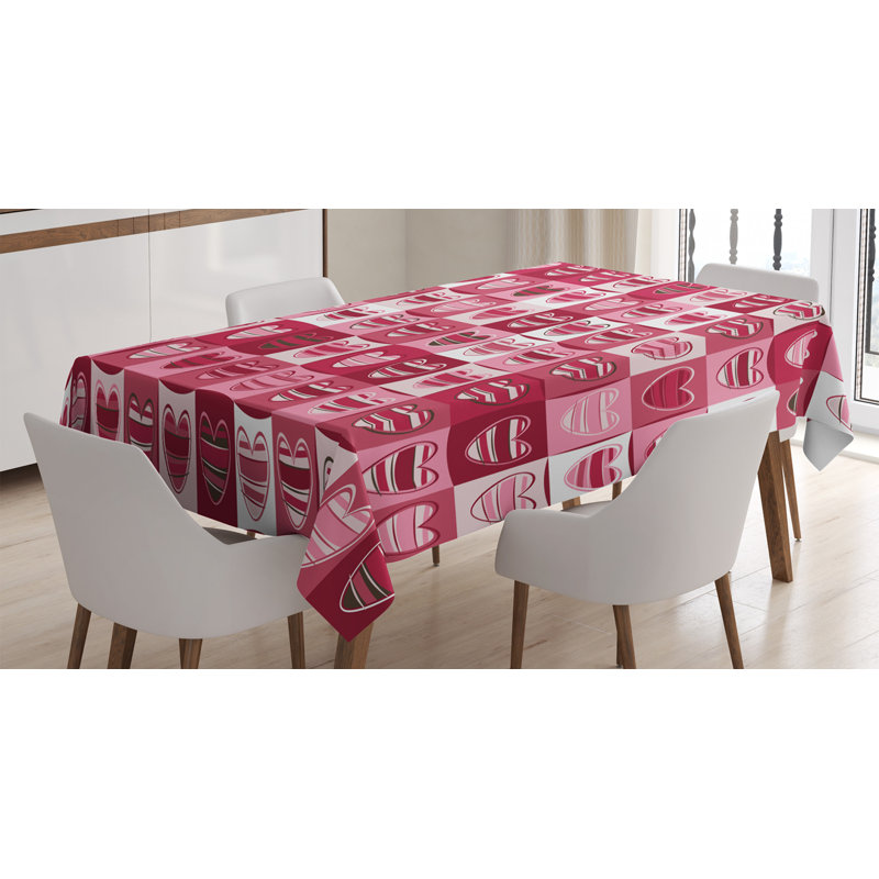 Ambesonne Love Tablecloth, Hearts For Valentine Checked Pattern Square Geometric Vintage, Rectangular Table Cover For Dining Room Kitchen Decor, 52" X 70", Dried Rose White