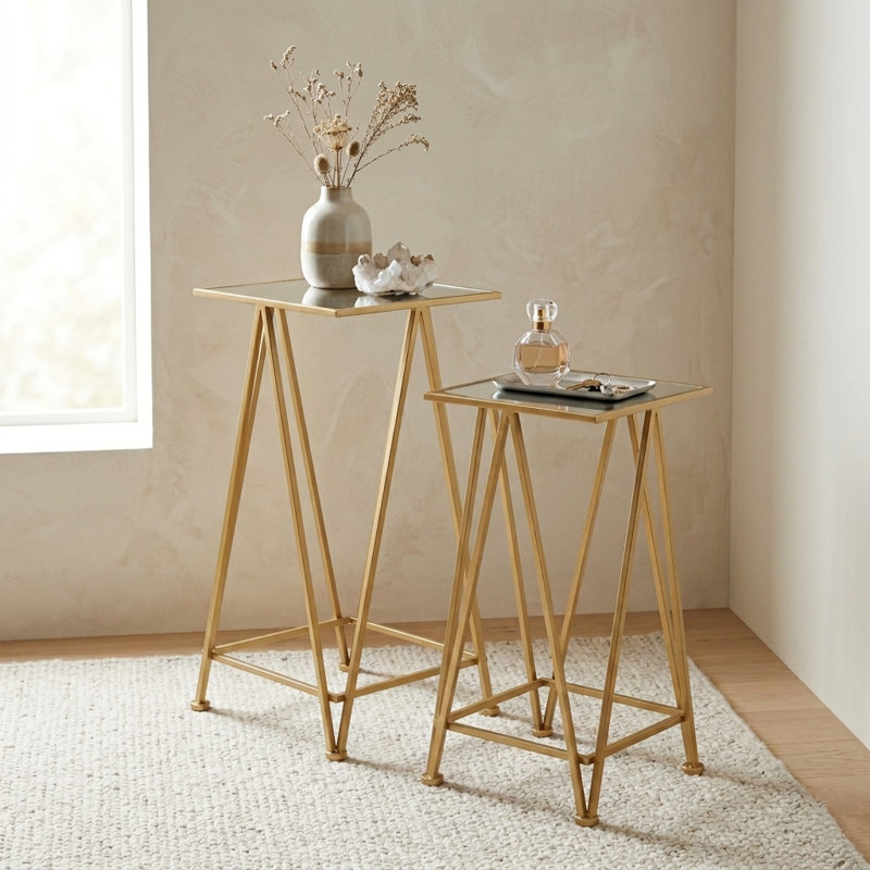 Aeriva Set of 2 Square Metal Modern Tables | Mirror Top | - Gold, Gold