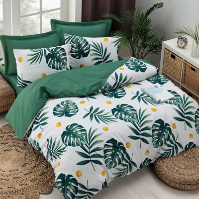 Ensemble de housse de couette simple Elegant, vert / blanc / jaune, 55,1 po x 78,7 po | 65% coton, 35% polyester, 120 fils au pouce carré | Lavable à la machine, housse de couette et enveloppe à fermeture à boutons | Parfait pour les chambres confortables