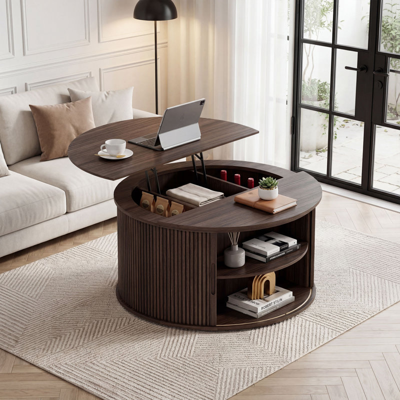  Lift-Top Coffee Table with Hidden Storage & Open Shelf, Round 31.5” Wooden Cocktail Table for Living Room, Brown Finish with Black Metal Frame