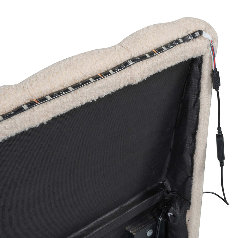 Teddy Fleece Upholstered Platform Bed With Trundle, LED Lights, And Remote Control For Modern Bedrooms, Beige