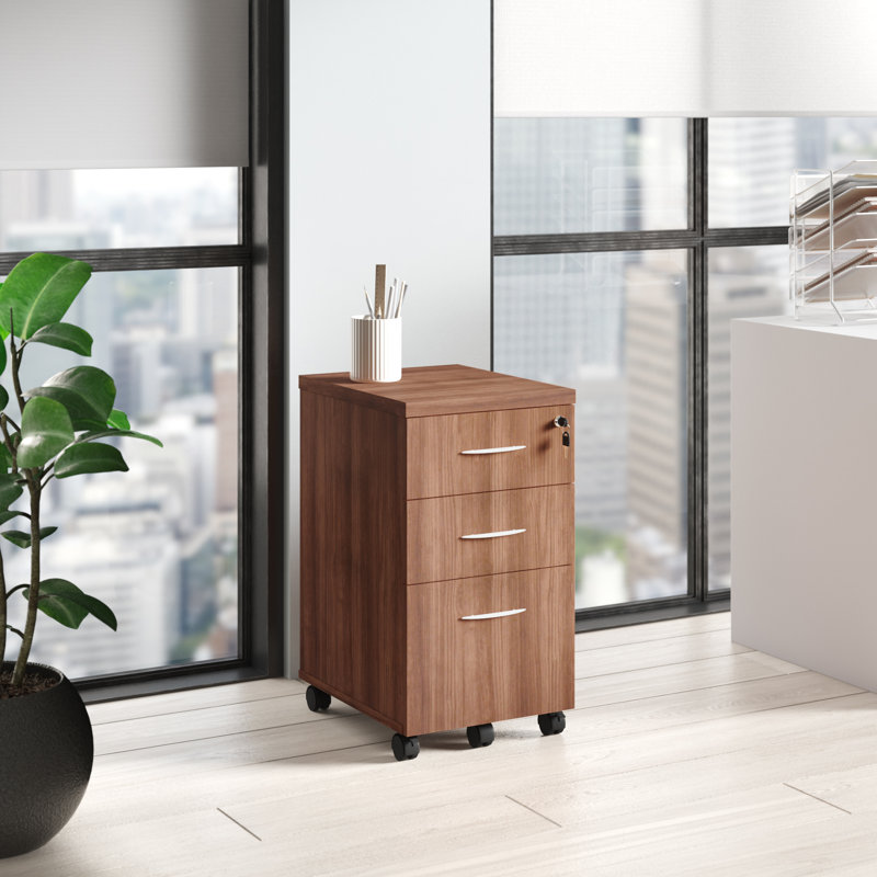 Walnut 3-Drawer Mobile Lockable Legal Size Pedestal Cabinet