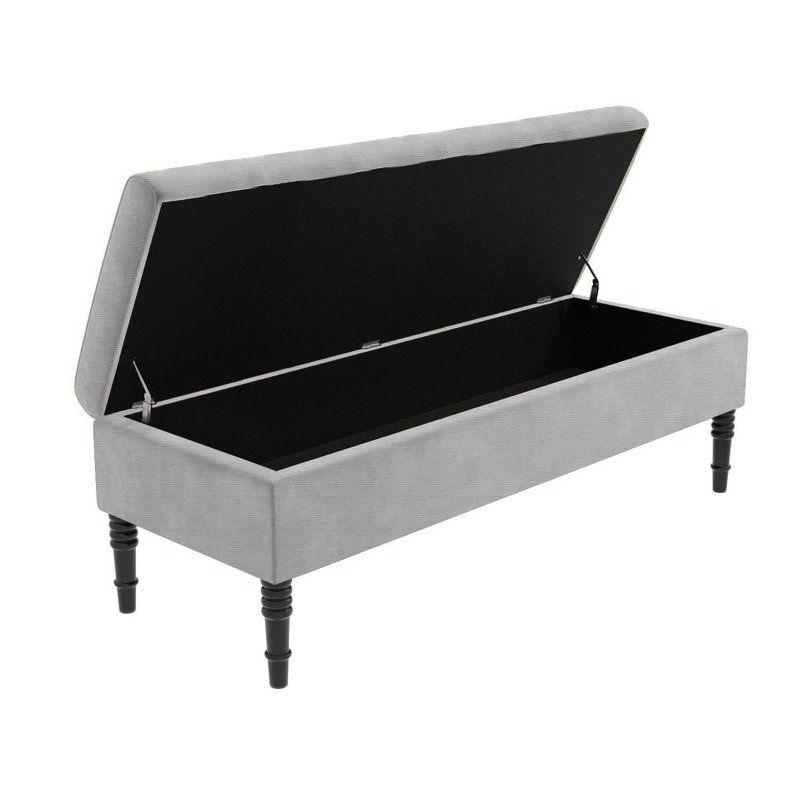 Safar Plain Ottoman Storage Bench – Upholstered Naples Shoe Bench with Black Turned Wooden Legs, Silver