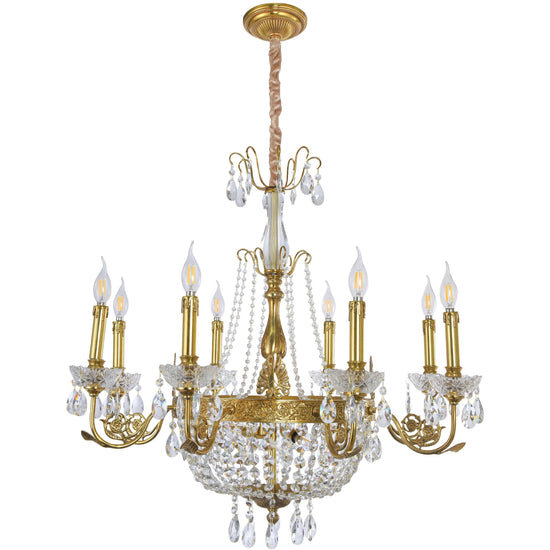 Lustre chaleureux de style Empire en laiton doré et cristal chaud avec bras à rallonge, chaînes en cristal et bol inférieur, luminaire de 34 po pour la salle à manger, le vestibule et le salon