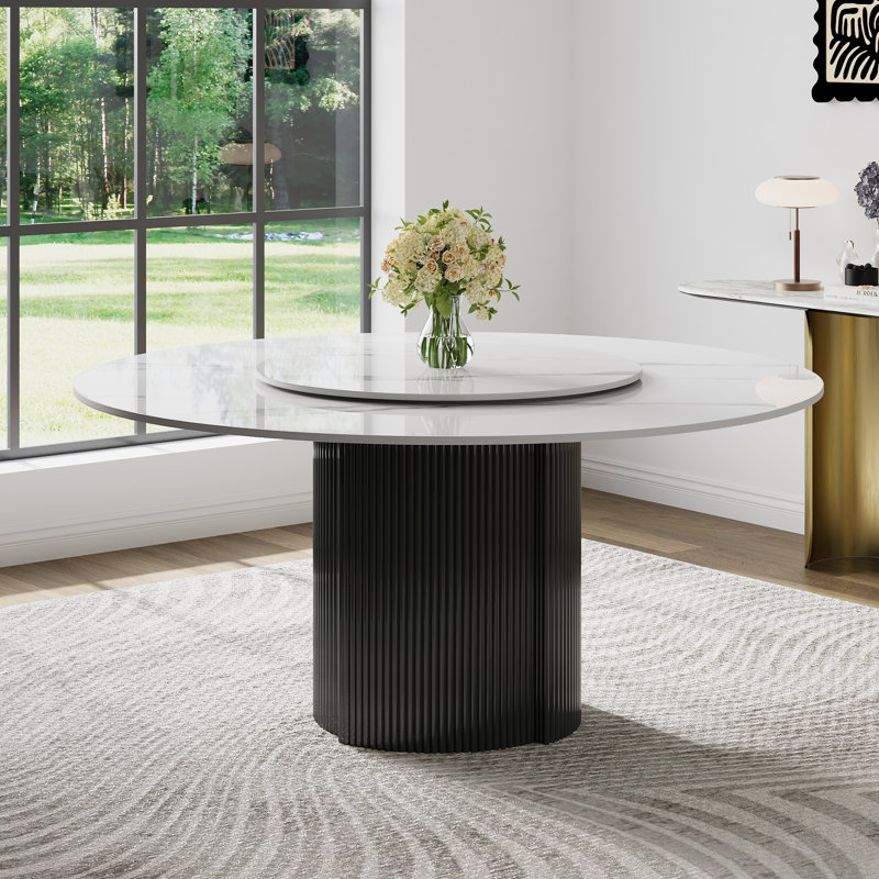 59.08'' Round Dining Table Marble Top with Rotating Turntable, White Circle Dining Table with Black Stainless Steel Base