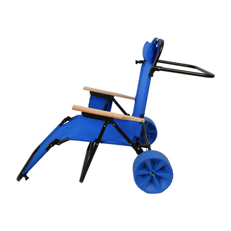 Chaise longue de plage 2 en 1 avec chariot - pour chariot de voyage extérieur, coussin amovible et poche latérale - bleu