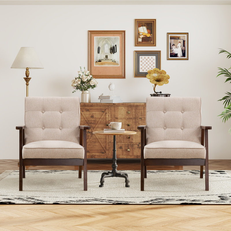 Salma Chesterle 25''Wide Classic Upholstered Tufted Accent Chair With Solid Wood Legs, Beige Linen