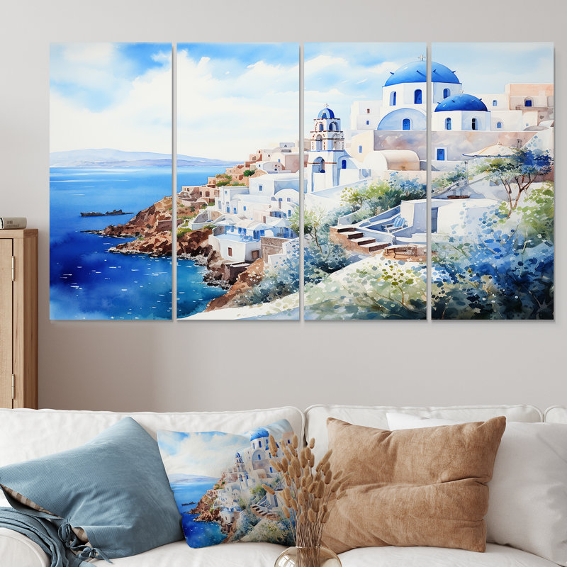 «Blue and White Santoriniisles II - Grèce», art mural 4 pièces, H 28 po x l 48 po