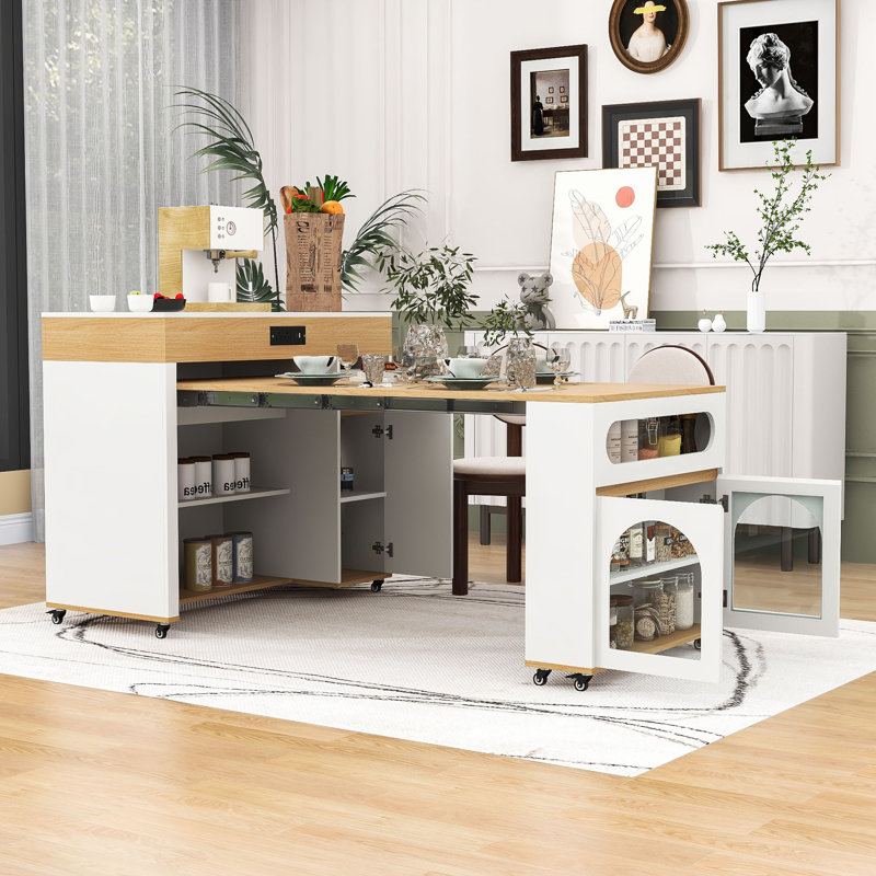 Mobile Kitchen Cart with Extendable Tabletop, Built-In Power Outlet, Hidden Storage and Locking Wheels, Creamy White/Natural