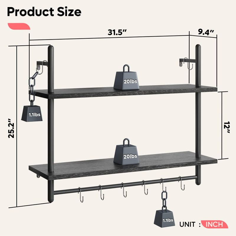 Floating Shelf With Towel Bar And Hooks - Industrial Wall-Mounted Storage Shelf For Kitchen, Bathroom, Living Room - Sturdy Wrought Iron And Particle Board Design