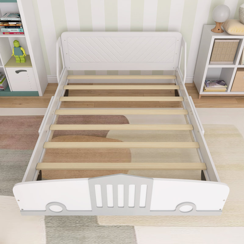 Full Size Car-Shaped Platform Bed with Wheels in Grey, Full, White