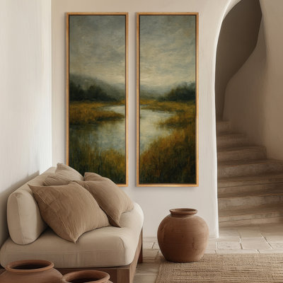 «Green Marsh Landscape with Reflections», ensemble de 2 reproductions d'art murales encadrées sur toile 60 po x 20 po x 2 pièces, 60 po x 30 po x 2 pièces