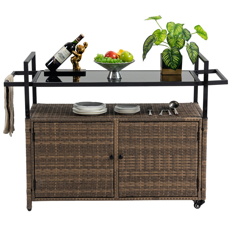 Chariot-bar d'extérieur - élégant et avec plateau en verre à 360 roulettes lisses pour le jardin, breuvage polyvalent brun au bord de la piscine