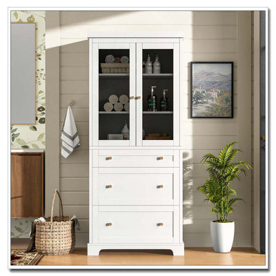 Grande armoire de salle de bain autoportante avec 2 tablettes réglables, 3 tiroirs, portes en verre à fermeture en douceur