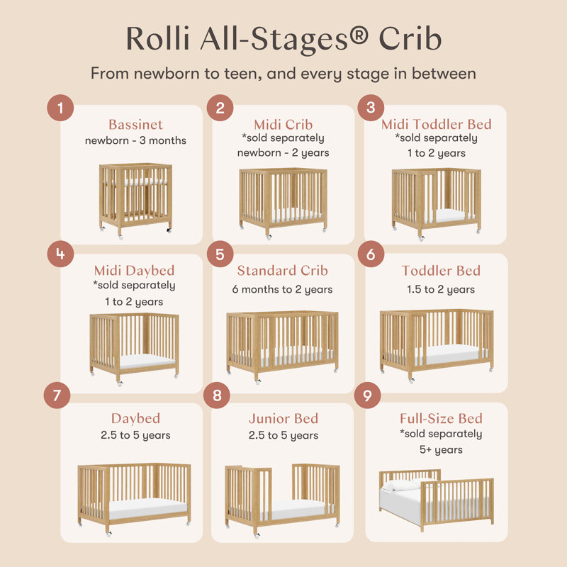 Rolli 9-in-1 Convertible All-Stages® Crib with Bassinet & Toddler Bed Conversion Kits, Honey