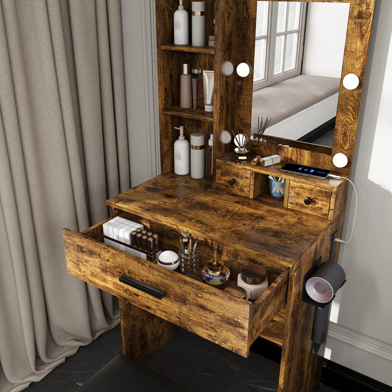 Table de coiffeuse avec miroir et lumières DEL réglables, prise de courant, support pour séchoir à cheveux et tabouret - Coiffeuse compacte pour petites chambres (rétro)