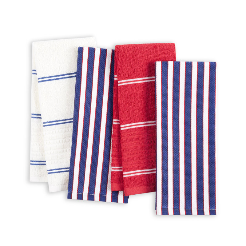 Modern Cotton Striped Red and Blue Kitchen Towel Set of Four