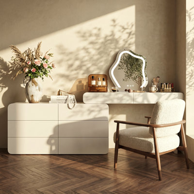 Meuble-lavabo moderne extensible avec armoire de rangement à 8 tiroirs, table de maquillage réversible en forme de L