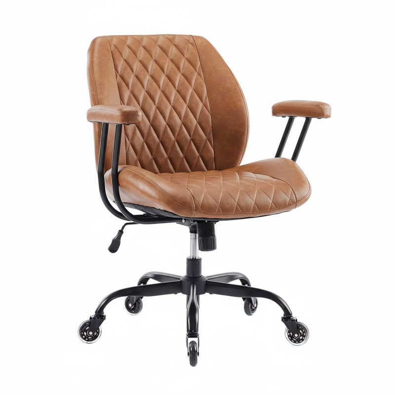 Chaise de bureau à domicile en cuir véritable brun avec roulettes en caoutchouc, soutien lombaire, accoudoirs pivotants et réglables en hauteur