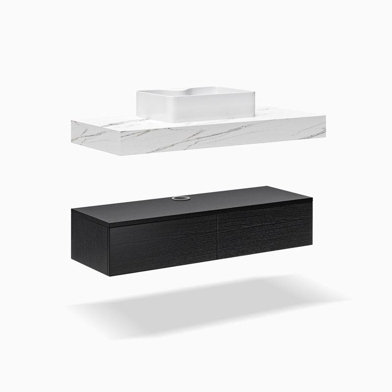 Ensemble de meuble-lavabo mural simple 48 po avec comptoir en pierre 48 po, Noir