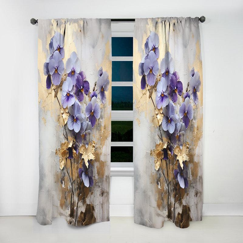 Corvena Purple and Gold Adorned Violets Meadow II - Traditional Velvet Curtain - Room Darkening - 1 Panel, 52" W x 120" L