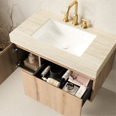 Floating 36" Bathroom Vanity Sink, Sintered Stone Top, Ceramic Basin With Overflow, Plywood Cabinet, Drawer And Door, Pre - Assembled, Beige White Oak, Soft Close Slides 3 Faucet Holes, Storage Water