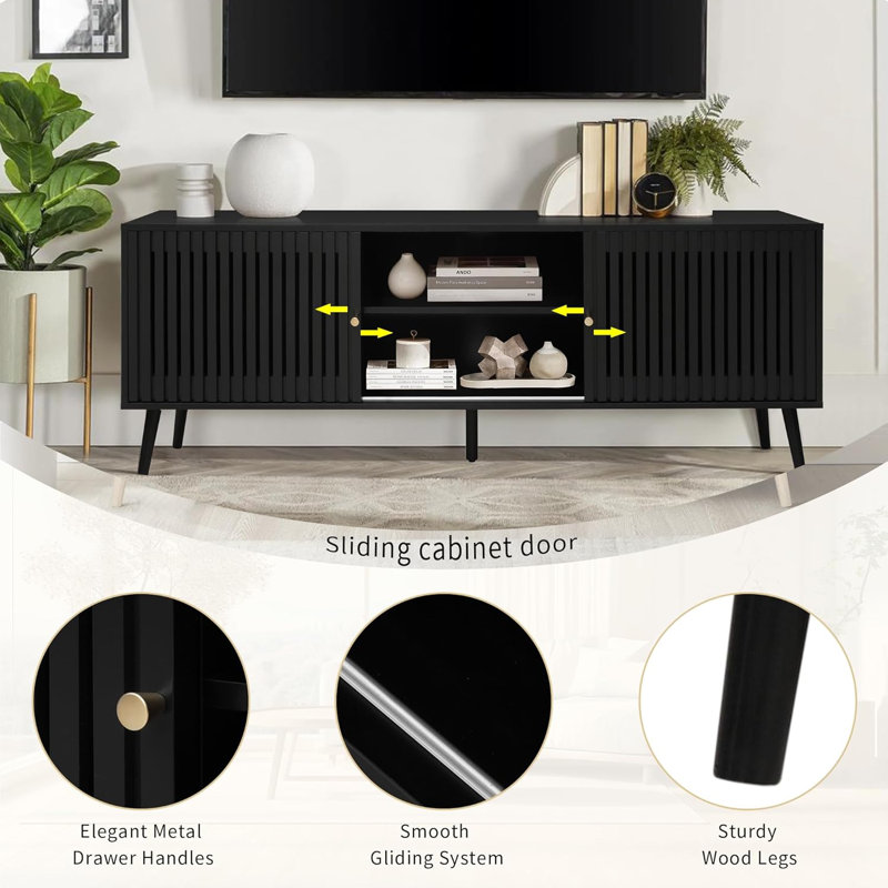 Black Mid-Century Modern TV Stand with Sliding Doors and Storage