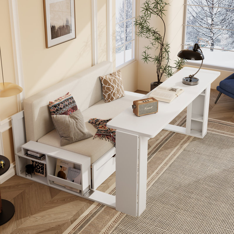 Queen Size Daybed With Removable Desk, Storage Drawers & Hydraulic Side Table, White, Queen