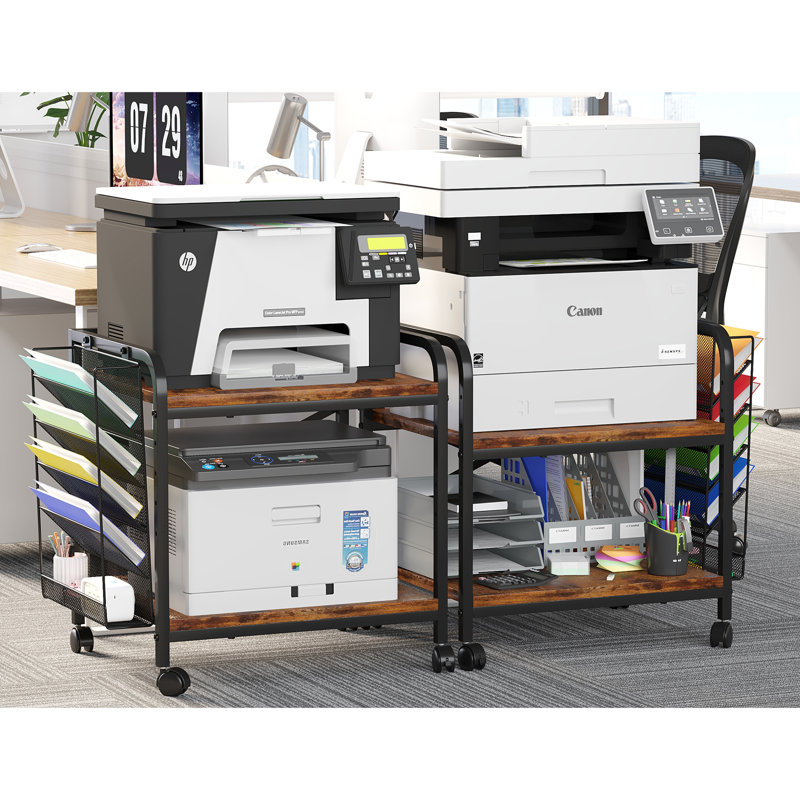 Printer Stand With File Holder Organizer, Printer Cart With Adjustable Height Shelf And Wheels, Brown