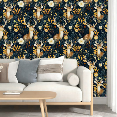 Vintage Deer And Floral Peel And Stick Wallpaper - Self-Adhesive Waterproof Vinyl Contact Paper For Walls, Cabinets, And Furniture Decor
