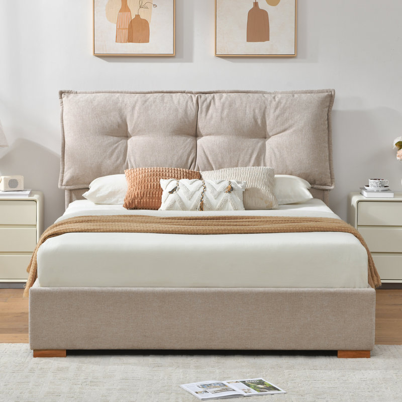 Braya Upholstered Platform Storage Bed With Removable Pillow-Style Headboard, 2 Large Wooden Drawers, Beige, Queen, Beige